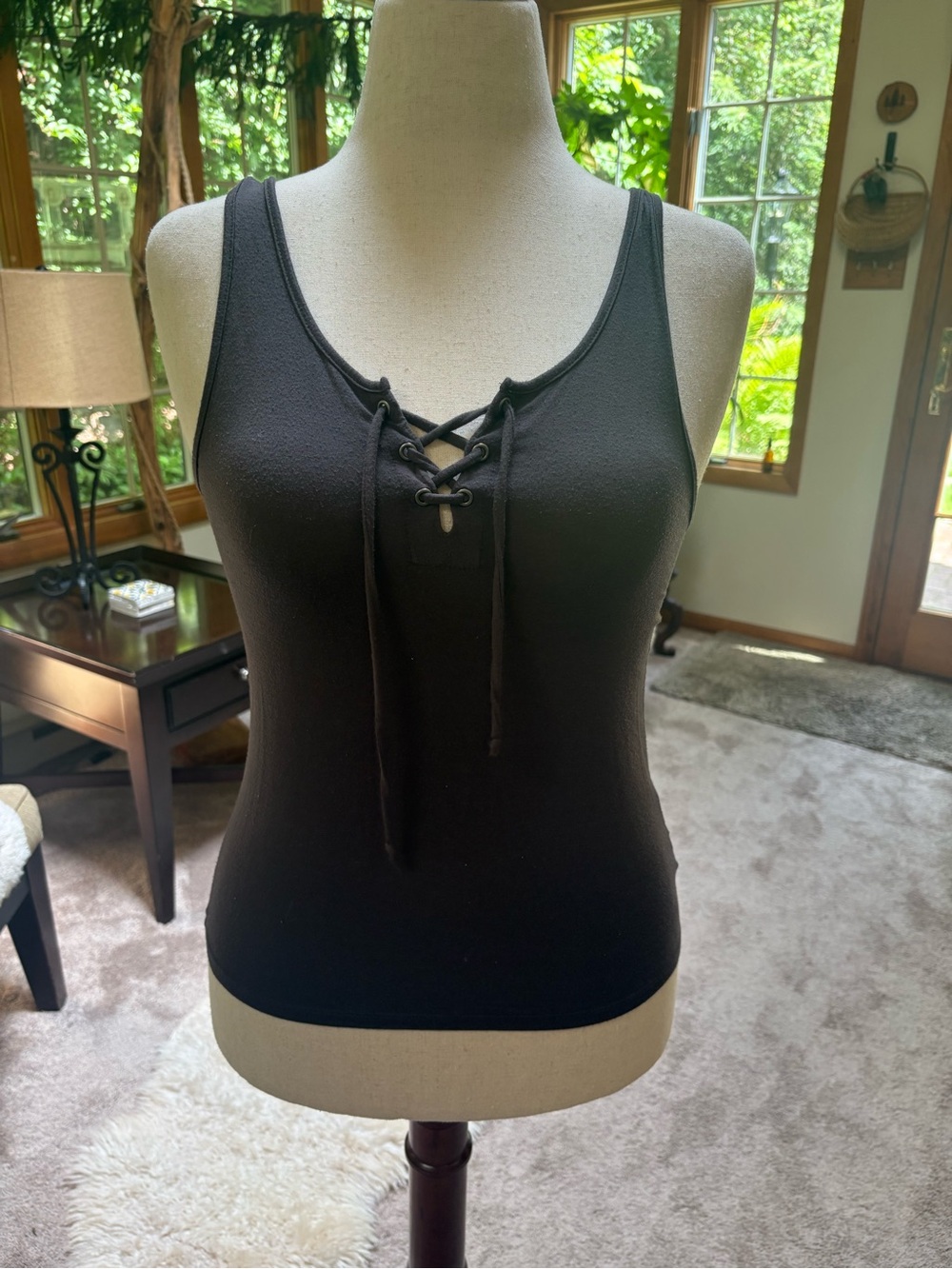 American Eagle Outfitters Charcoal Lace-Up Soft & Sexy Tank